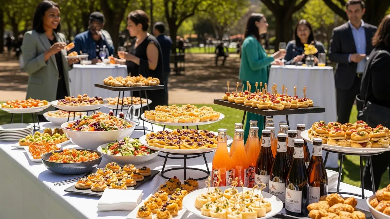 Outdoor catered table with gourmet dishes