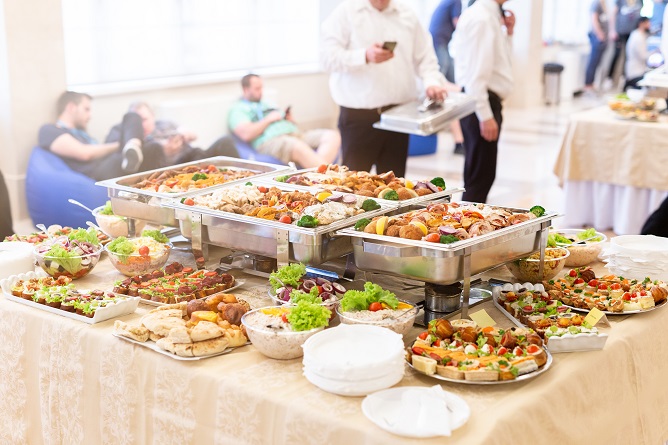 Corporate event table and catering setup
